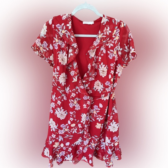 Lush Colie Red Floral Ruffle V-Neck Wrap Short Sleeve Mini Dress Size M Lined - Picture 6 of 9